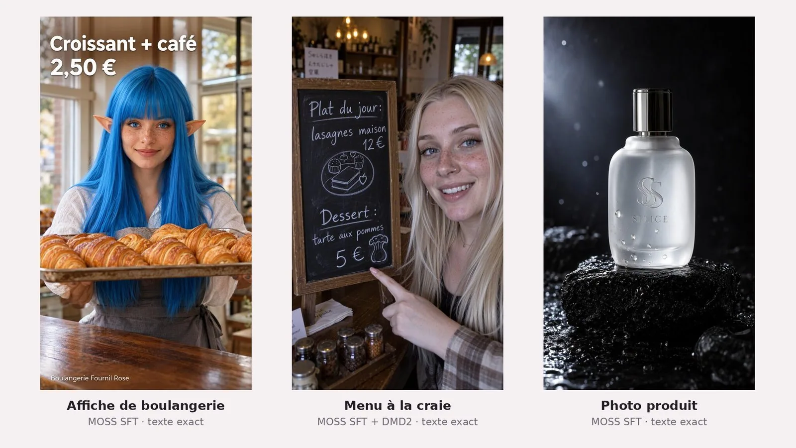 Trois visuels verticaux côte à côte. À gauche, une jeune femme aux longs cheveux bleus et aux oreilles pointues tend un plateau de croissants ; en haut « Croissant + café 2,50 € », en bas « Boulangerie Fournil Rose ». Au milieu, une femme blonde aux taches de rousseur montre une ardoise à la craie : « Plat du jour: lasagnes maison 12 € », « Dessert : tarte aux pommes 5 € » ; au fond, une affichette floue en faux japonais. À droite, un flacon de parfum givré gravé « SILICE » sous un monogramme « SS », sur une pierre noire mouillée.
