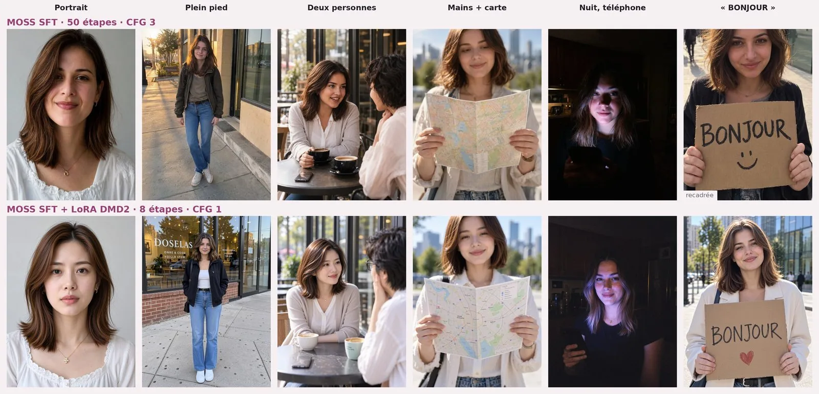 Planche de 2 lignes sur 6 colonnes (portrait, plein pied, deux personnes, mains et carte, nuit au téléphone, panneau « BONJOUR »). Ligne MOSS SFT : une femme brune aux cheveux mi-longs, chemisier blanc sur fond gris ; en veste et jean sur un trottoir au soleil couchant, un panneau « TOS HIIOCRA » (lettres floues) au fond ; au café face à une amie aux cheveux bouclés ; une carte de ville dépliée ; le visage éclairé par un téléphone dans une cuisine sombre ; un carton « BONJOUR » avec un smiley, image recadrée. Ligne MOSS SFT + DMD2 : une autre femme au portrait ; en veste noire et jean devant une vitrine marquée « DOSELAS » ; au café, l'amie porte des lunettes ; la carte ; le visage éclairé par le téléphone ; un carton « BONJOUR » avec un cœur rouge.