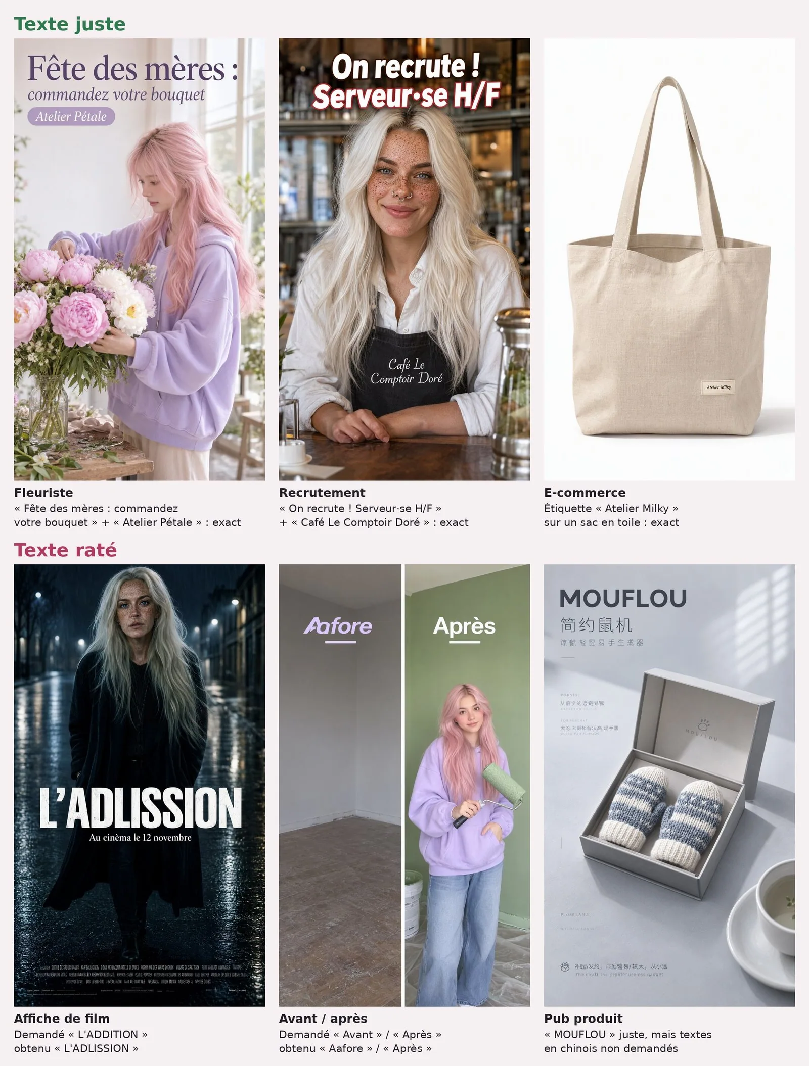 Planche de 2 lignes sur 3 colonnes, images MOSS SFT. Ligne « Texte juste » : une jeune femme aux cheveux roses en sweat lavande compose un bouquet de pivoines sous « Fête des mères : commandez votre bouquet » et « Atelier Pétale » ; une femme blonde aux taches de rousseur, tablier noir brodé « Café Le Comptoir Doré », sous « On recrute ! Serveur·se H/F » ; un sac en toile beige avec une petite étiquette « Atelier Milky ». Ligne « Texte raté » : affiche de film de nuit sous la pluie, titre « L'ADLISSION » au lieu de « L'ADDITION », et « Au cinèma le 12 novembre » ; une pièce coupée en deux, « Aafore » à gauche au lieu de « Avant », « Après » à droite avec la jeune femme aux cheveux roses et un rouleau de peinture ; une boîte de petites moufles « MOUFLOU » entourée de lignes en chinois non demandées.