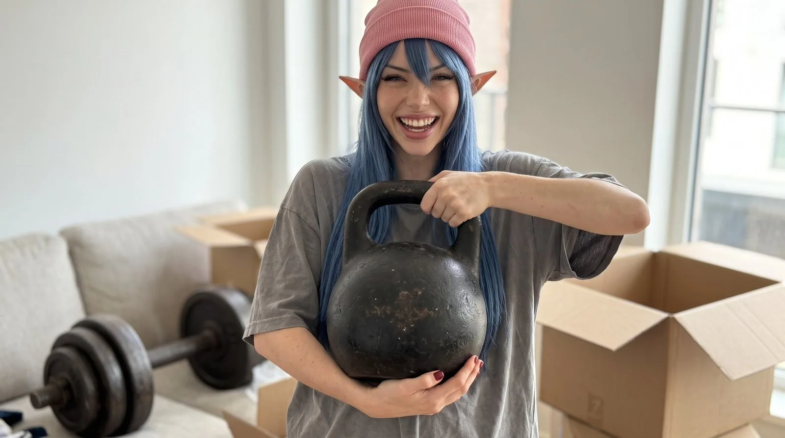 White Rose en t-shirt gris, bonnet rose, éclate de rire en serrant contre elle une énorme kettlebell en fonte, un gros haltère et des cartons de déménagement derrière elle