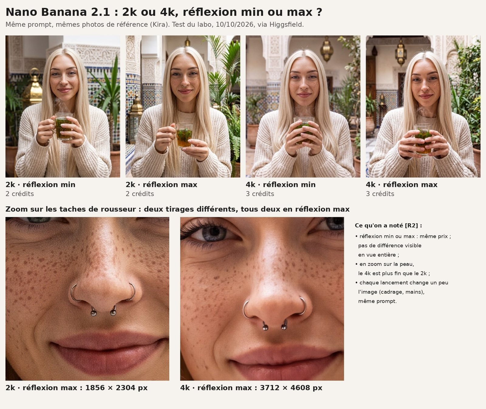 Planche de quatre portraits de Kira, cheveux blond platine, taches de rousseur, pull crème, verre de thé à la menthe à la main, dans un riad aux zelliges et lanternes en laiton. Les quatre se ressemblent beaucoup ; le cadrage et la position des mains changent. En bas, deux zooms sur le nez et les taches de rousseur, pris sur deux tirages différents en réflexion max : à gauche le 2k, à droite le 4k, au rendu plus fin.