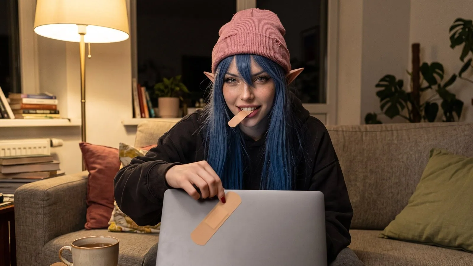 Illustration : White Rose, bonnet rose, oreilles d'elfe et longs cheveux bleus, sweat noir, assise le soir sur un canapé gris sous un lampadaire allumé. Elle colle un pansement beige sur le dos de l'écran d'un ordinateur portable gris ouvert et sans logo, un deuxième pansement entre les dents, et regarde l'objectif avec un sourire en coin. Une tasse de thé est posée devant elle, des livres et des plantes au fond.