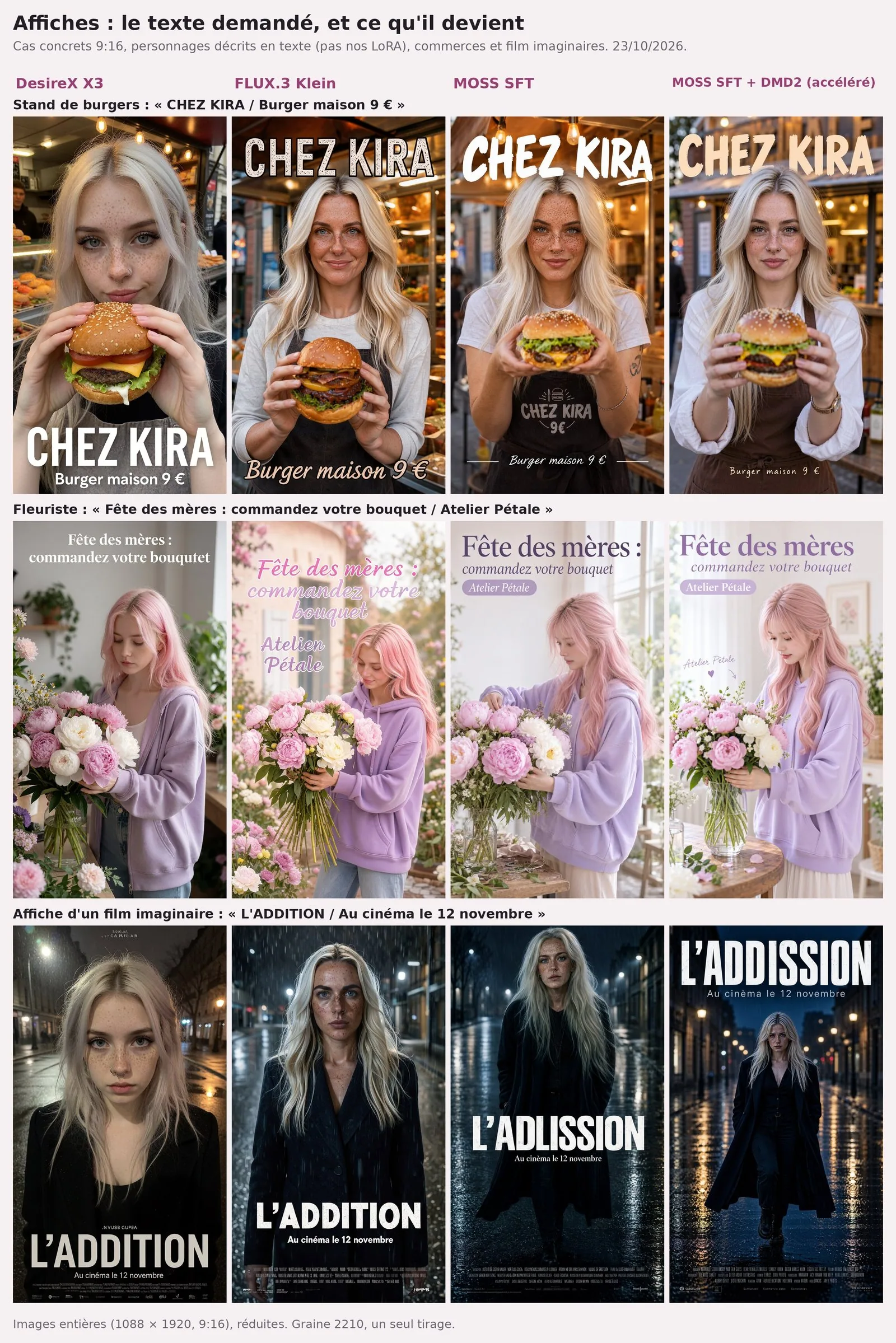 Planche de 3 lignes sur 4 colonnes. Ligne 1, stand de burgers : une femme blonde à taches de rousseur tient un burger, « CHEZ KIRA » et « Burger maison 9 € » écrits correctement sur les quatre ; MOSS SFT ajoute « CHEZ KIRA 9€ » sur le tablier. Ligne 2, fleuriste : une jeune femme aux cheveux roses en sweat lavande compose un bouquet de pivoines ; DesireX écrit « bouqutet » sans nom de boutique, Klein écrit « Atelien Pétale », MOSS SFT est correct, MOSS + DMD2 oublie les deux-points et répète « Atelier Pétale » à la main avec un cœur. Ligne 3, affiche d'un film imaginaire, la nuit sous la pluie : DesireX et Klein écrivent « L'ADDITION », MOSS SFT « L'ADLISSION », MOSS + DMD2 « L'ADDISSION ».