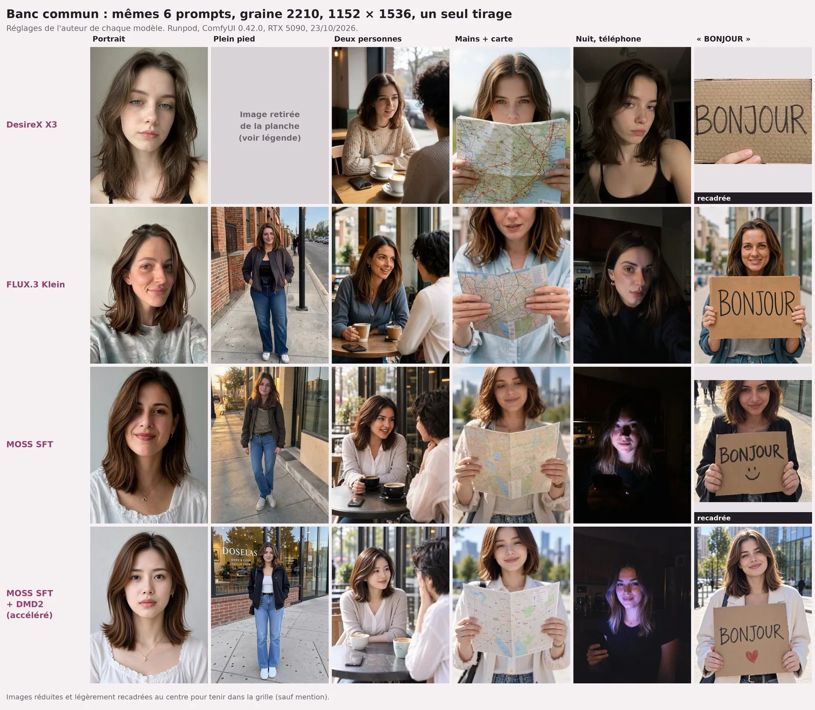 Planche de 4 lignes (DesireX X3, FLUX.3 Klein, MOSS SFT, MOSS SFT + DMD2) sur 6 colonnes (portrait, plein pied, deux personnes, mains et carte, nuit, BONJOUR). Partout une femme brune aux cheveux mi-longs. La case « plein pied » de DesireX est grise, marquée « Image retirée ». La case « BONJOUR » de DesireX ne montre que le panneau et une main. Sur les photos de nuit, seules les deux lignes MOSS ont le visage éclairé par l'écran. Les panneaux MOSS portent un smiley (SFT) et un cœur rouge (DMD2). Derrière la femme en pied de MOSS + DMD2, une vitrine marquée « DOSELAS ».