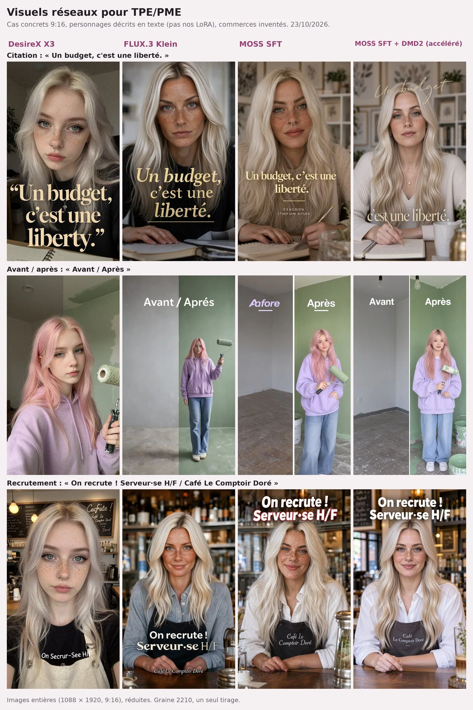 Planche de 3 lignes sur 4 colonnes. Ligne 1, citation : une femme blonde à taches de rousseur à un bureau ; DesireX écrit « liberty » au lieu de « liberté » entre guillemets anglais, Klein écrit la phrase juste, MOSS SFT ajoute sous la phrase deux lignes de lettres sans sens, MOSS + DMD2 coupe la phrase en deux blocs. Ligne 2, avant/après d'une pièce repeinte en vert sauge avec une jeune femme aux cheveux roses et un rouleau : DesireX montre un mur à moitié peint sans texte, Klein écrit « Avant / Aprés », MOSS SFT « Aafore » et « Après », MOSS + DMD2 « Avant » et « Après ». Ligne 3, annonce de recrutement dans un café : Klein, MOSS SFT et MOSS + DMD2 écrivent « On recrute ! Serveur·se H/F » et « Café Le Comptoir Doré » ; DesireX écrit « On Secrur-See H/F » sur un t-shirt et « Cecfrute ! » sur une ardoise.