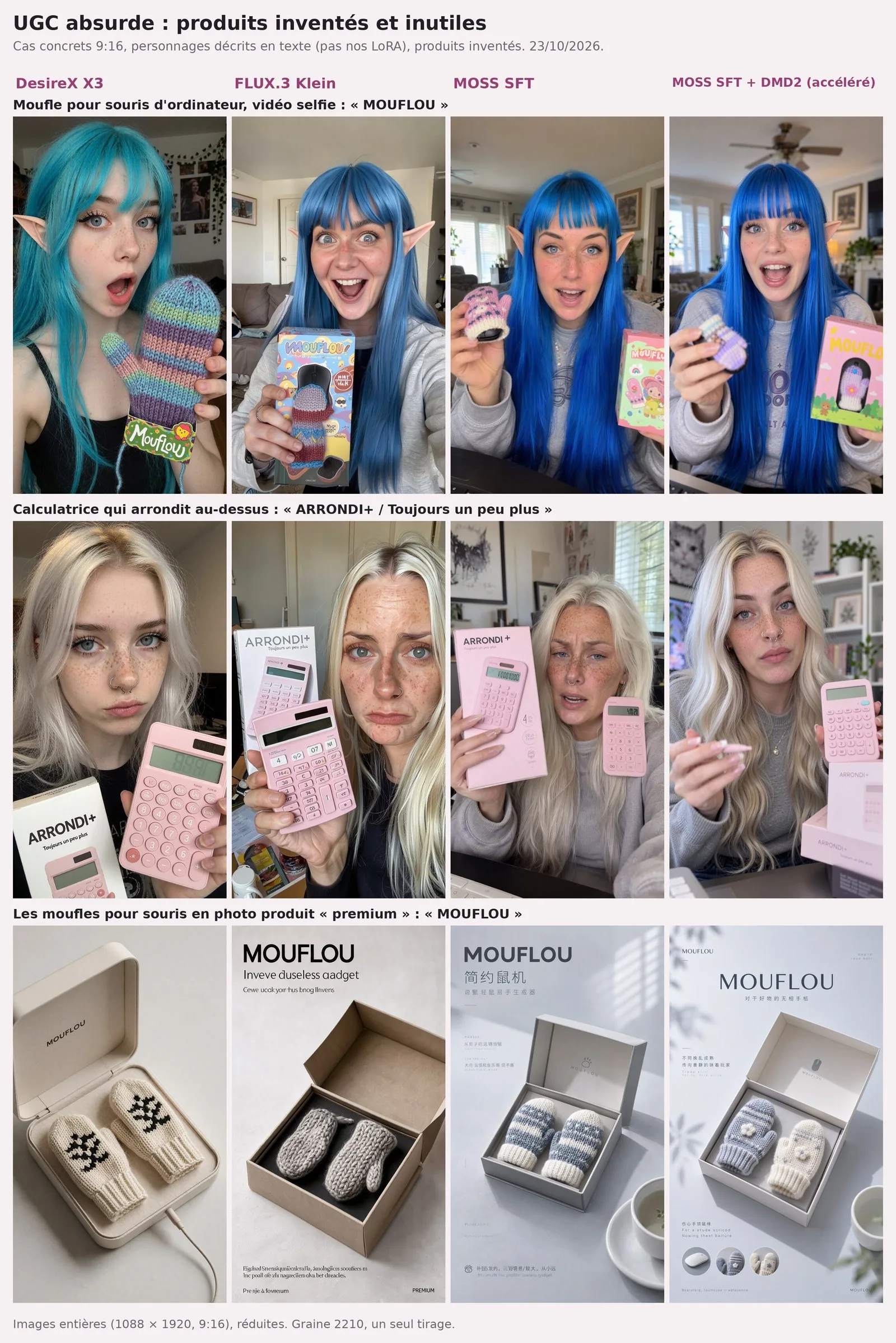 Planche de 3 lignes sur 4 colonnes. Ligne 1, vidéo selfie : une jeune femme aux longs cheveux bleus (turquoise chez DesireX) et aux oreilles d'elfe montre une moufle tricotée ; DesireX a une moufle taille humaine et une étiquette « Mouflou », Klein une boîte « MOUFLOU! » couverte de petits textes illisibles, les deux MOSS une boîte où le dernier U est coupé par le cadre. Ligne 2, une femme blonde à taches de rousseur montre une calculatrice rose et sa boîte « ARRONDI+ ». Ligne 3, photo produit de deux petites moufles dans une boîte ouverte : DesireX écrit seulement « MOUFLOU » dans le couvercle, Klein ajoute « Inveve duseless aadget », les deux MOSS ajoutent des lignes de texte en chinois.