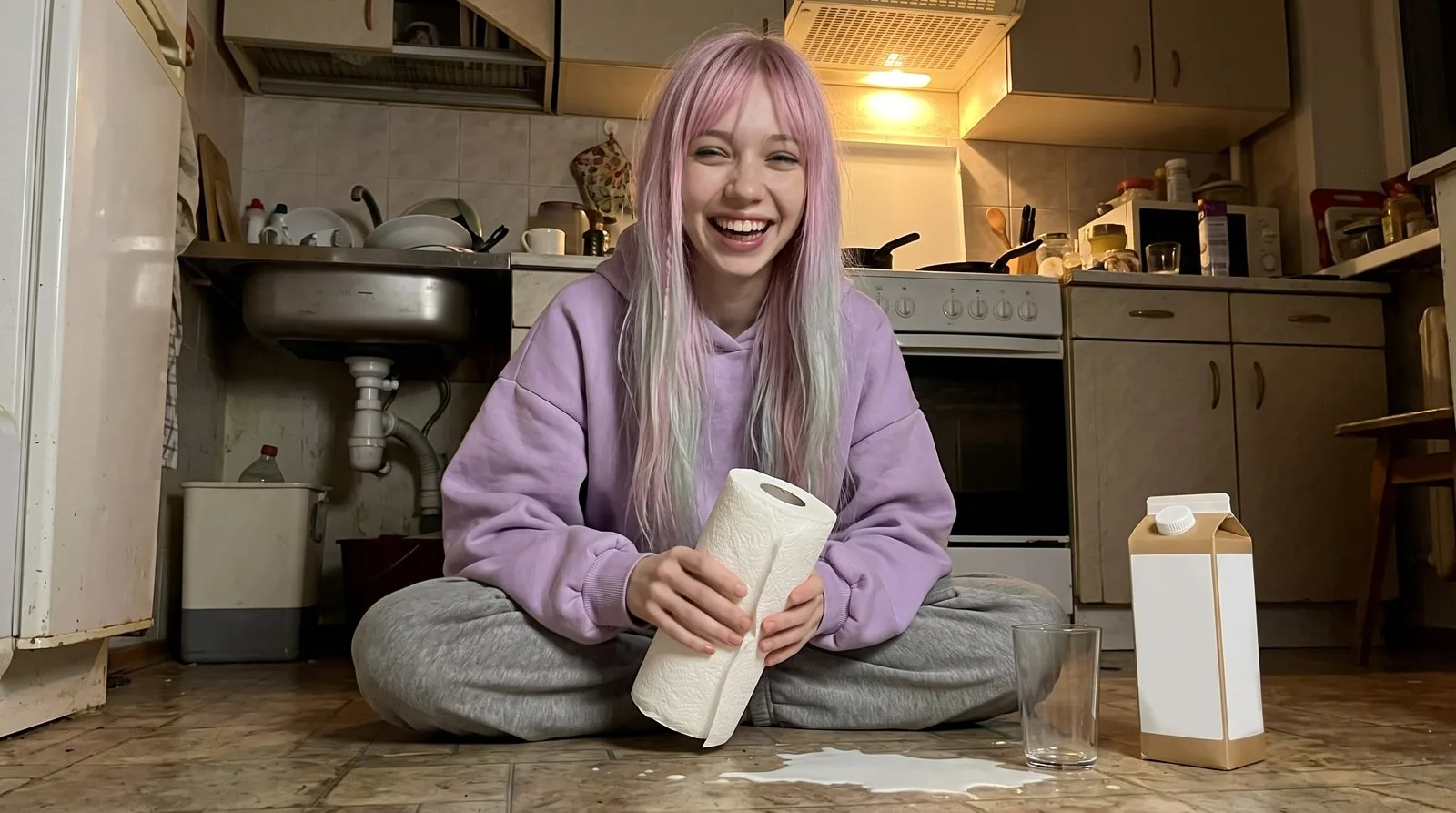Illustration : Milky, longs cheveux rose pastel aux pointes vert d'eau, une fine tresse, sweat lavande et pantalon de jogging gris, assise en tailleur par terre dans une petite cuisine le soir ; elle éclate de rire face à l'objectif en tenant un rouleau d'essuie-tout ; devant elle, une flaque de lait sur le carrelage, un verre vide et une brique de lait à l'étiquette blanche sans texte ; derrière, l'évier, la vaisselle, la hotte allumée