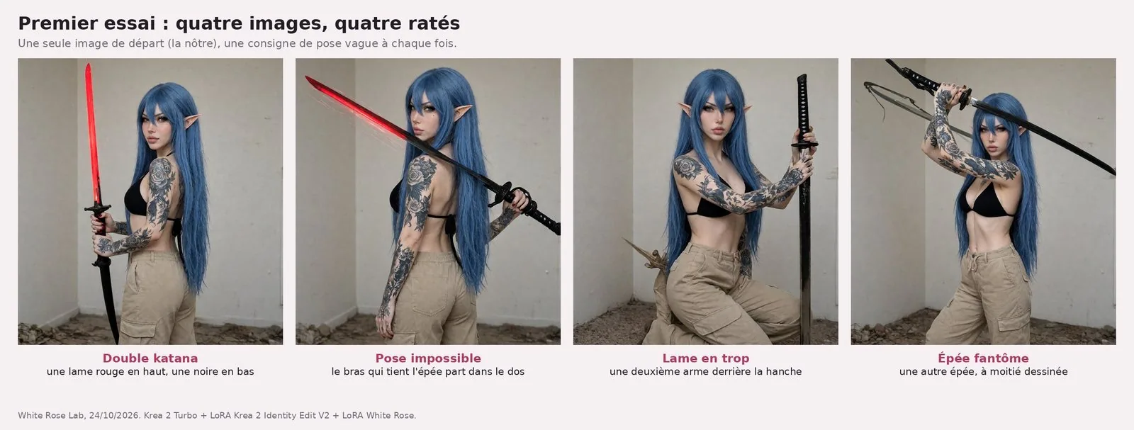 Planche de quatre images de White Rose, cheveux bleus très longs, oreilles d'elfe, haut de maillot noir et pantalon cargo beige, dans une pièce aux murs blancs abîmés. « Double katana » : une lame rouge vif au-dessus de la garde et une lame noire en dessous. « Pose impossible » : vue de dos, le bras qui tient l'épée sur l'épaule part derrière le dos. « Lame en trop » : à genoux, un katana tenu debout à côté d'elle et une seconde arme qui dépasse derrière la hanche. « Épée fantôme » : katana brandi au-dessus de la tête, une seconde épée grise à moitié dessinée en haut à gauche.