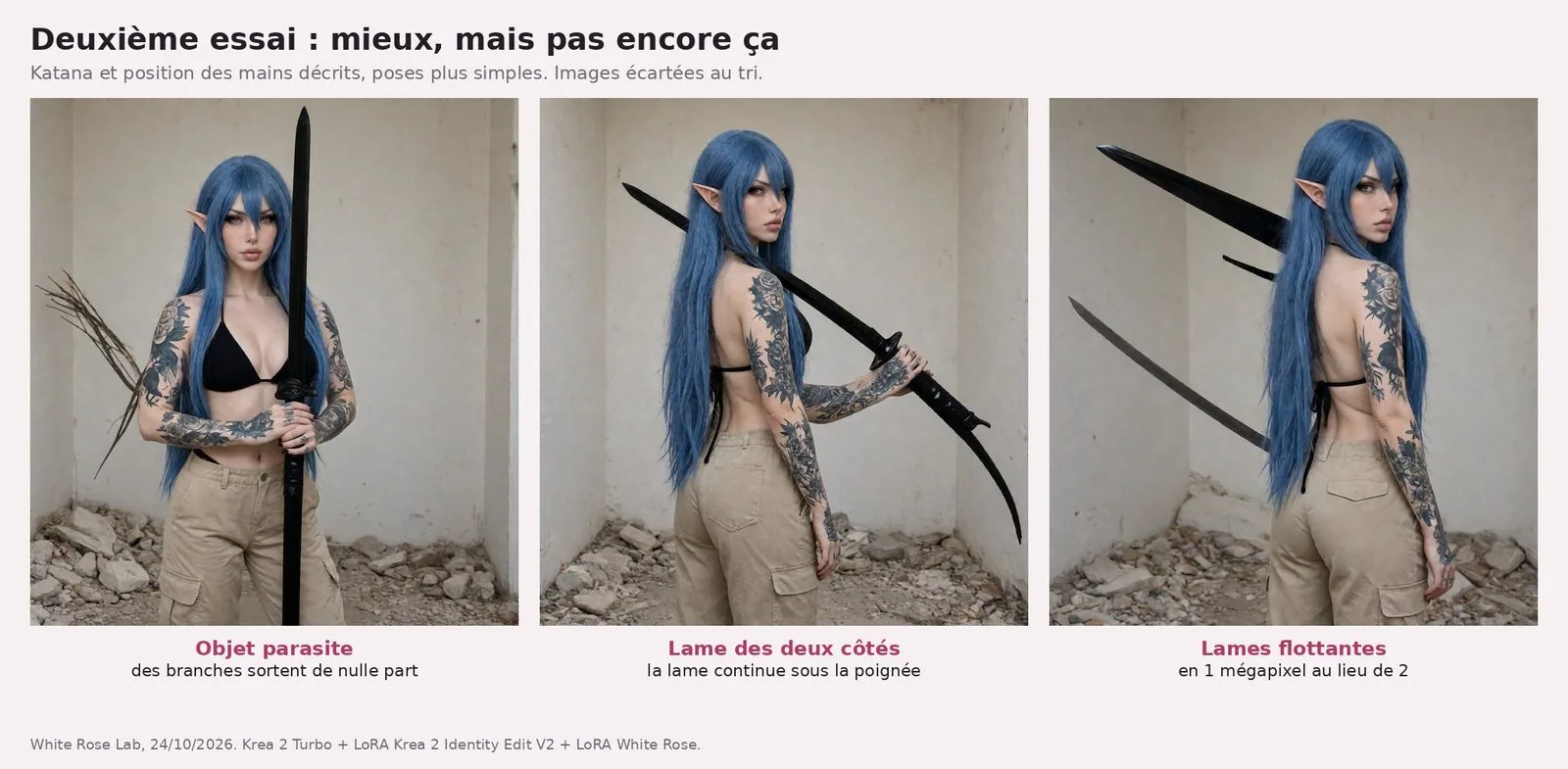 Planche de trois images de White Rose dans la même pièce. « Objet parasite » : de face, katana tenu droit devant elle, des branches sèches qui sortent de derrière elle, à gauche de l'image. « Lame des deux côtés » : de trois quarts dos, l'épée sur l'épaule, la lame continue, recourbée, sous la poignée jusqu'au bas du cadre. « Lames flottantes » : de dos, deux lames noires qui flottent en l'air à gauche, sans personne pour les tenir.