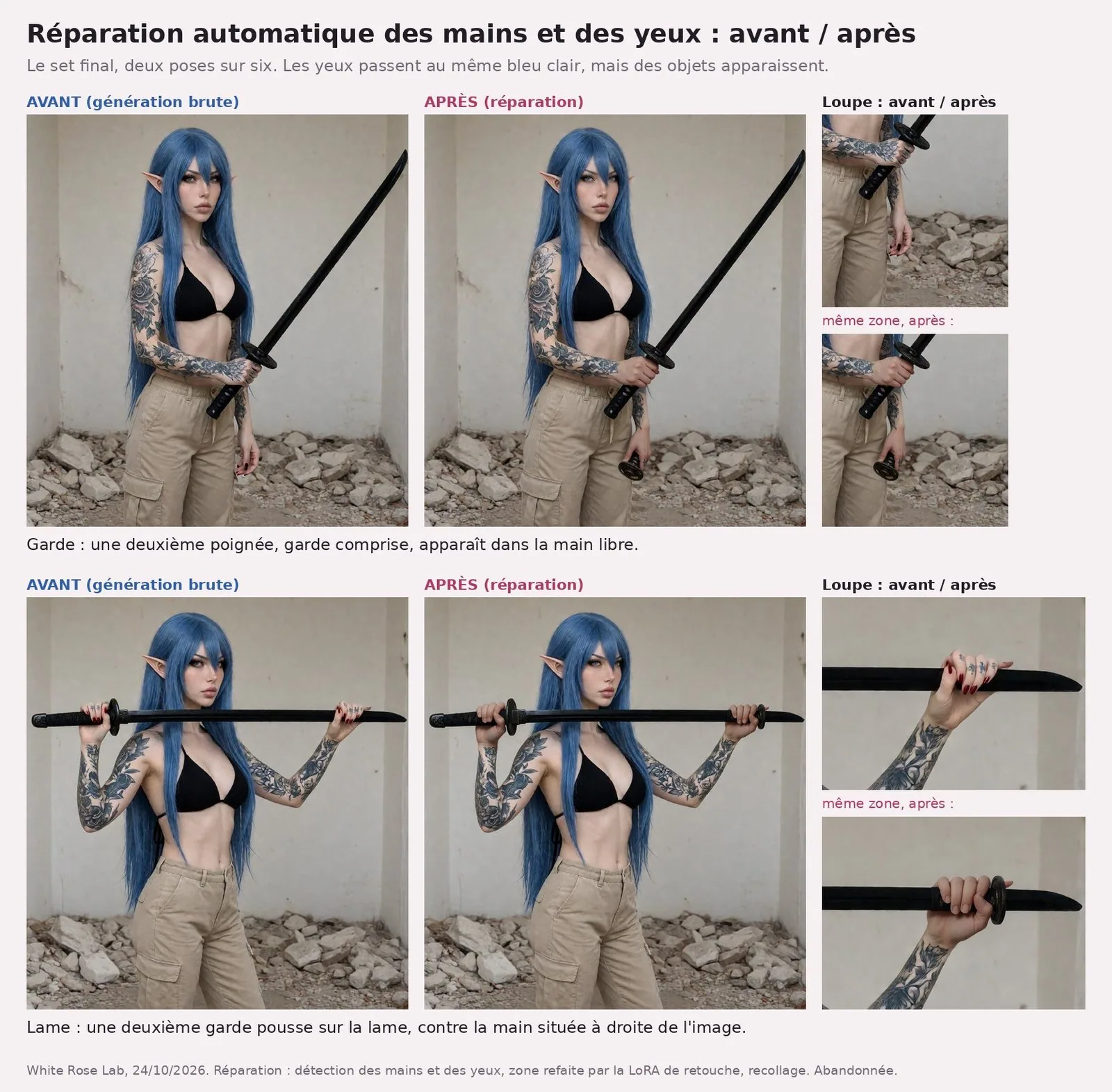 Planche avant / après sur deux poses du set. En haut, White Rose de face, katana tenu de la main droite, l'autre main vide le long de la cuisse ; après réparation, cette main libre tient une deuxième poignée de katana avec sa garde, et la main qui tient le vrai katana a perdu ses tatouages ; une loupe montre la zone avant et après. En bas, White Rose tient le katana à l'horizontale derrière la nuque, à deux mains ; après réparation, une deuxième garde apparaît sur la lame, contre la main située à droite de l'image, et les ongles rouges ont disparu ; loupe sur cette main.