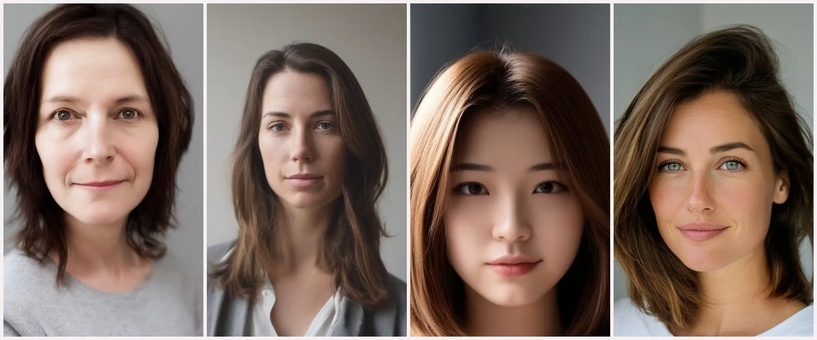 Quatre portraits côte à côte, le même prompt : à gauche une femme au visage marqué, pull gris ; puis une femme aux cheveux longs, chemise blanche et gilet gris ; puis une jeune femme au carré auburn, traits est-asiatiques ; à droite une femme aux cheveux bruns en mouvement, taches de rousseur, t-shirt blanc.