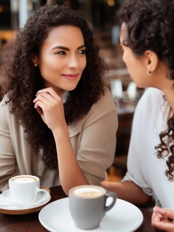 Deux femmes aux cheveux bouclés à une table de café, deux tasses de cappuccino ; l'une sourit, l'autre est vue de profil.