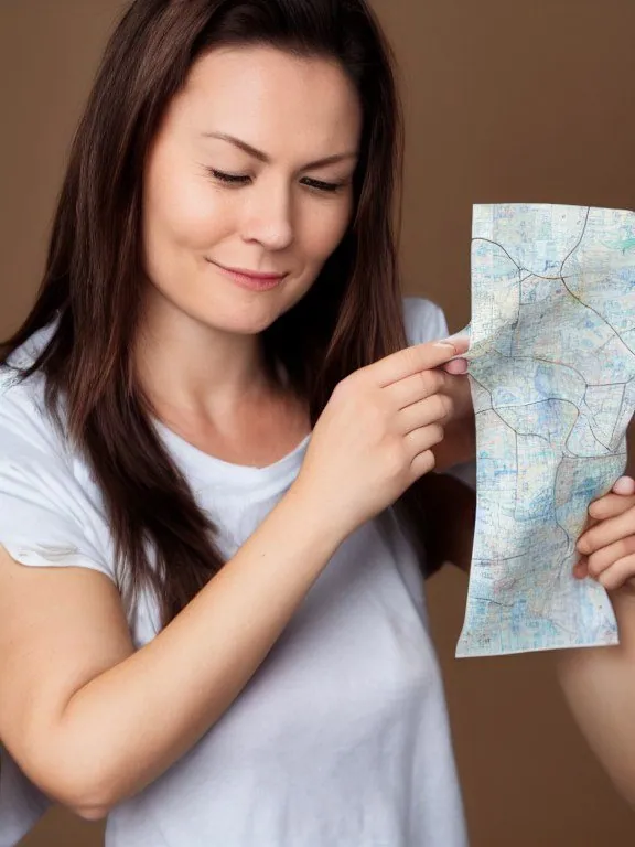 Femme en t-shirt blanc qui tient une carte routière pliée, doigts mal dessinés.