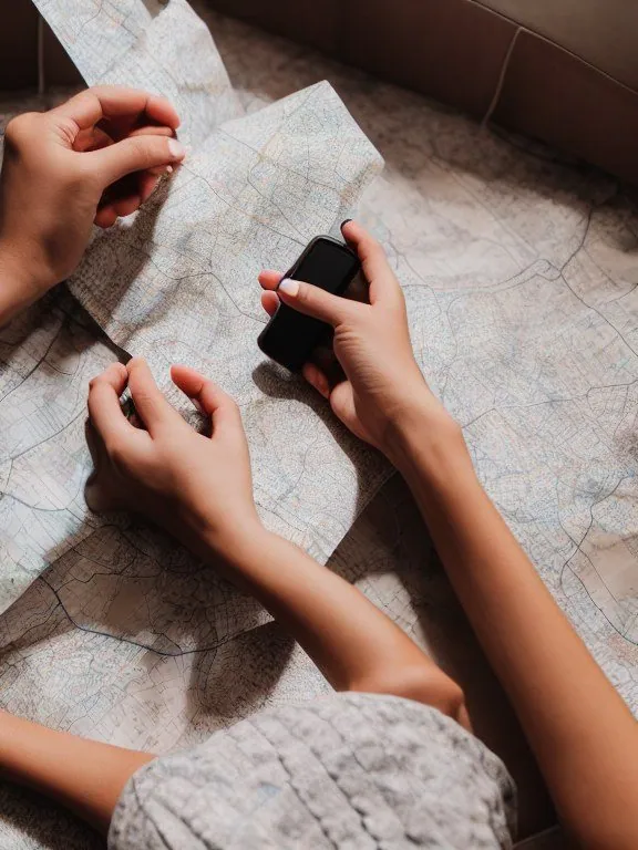 Vue du dessus : trois mains sur une carte dépliée, l'une tient un petit téléphone noir.