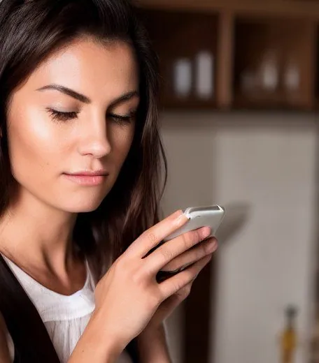Femme qui regarde un téléphone blanc tenu près du visage, cuisine éclairée derrière elle.