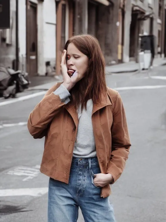 Femme en veste marron et jean dans une rue, coupée aux cuisses, une main sur le visage, la langue tirée.