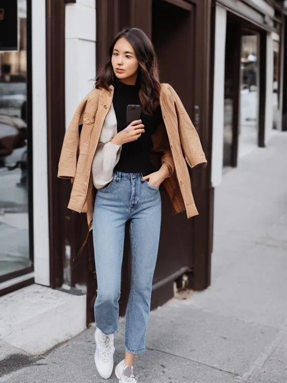 Femme en veste beige sur les épaules, col roulé noir, jean et baskets blanches, téléphone en main, devant une vitrine.