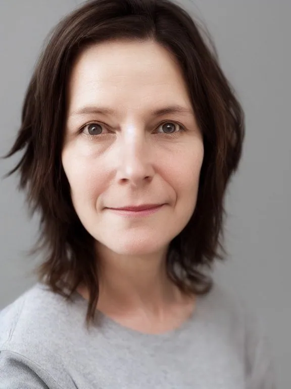 Portrait de face d'une femme aux cheveux bruns mi-longs, pull gris, mur gris ; visage marqué, nettement plus âgé que la fin de la vingtaine demandée.
