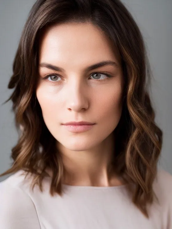 Portrait de face d'une femme aux cheveux bruns ondulés, haut rose pâle, fond gris, peau lisse.