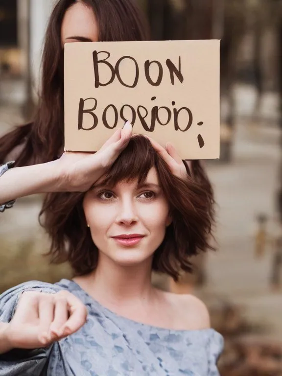 Les mains d'une autre personne posent un carton sur la tête d'une femme ; on lit « BOON », puis un mot illisible qui commence par « Boo ».
