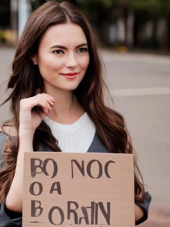 Femme aux longs cheveux bruns qui tient un carton où on lit « BO NOC », « O A », puis un mot qui commence par « BORA ».