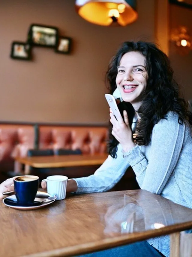 Femme aux cheveux bouclés qui rit au téléphone à une table de café ; seule la main de l'amie dépasse au bord gauche.