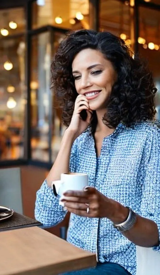 Femme aux cheveux bouclés, chemise bleue, au téléphone et tasse en main, seule dans le cadre.