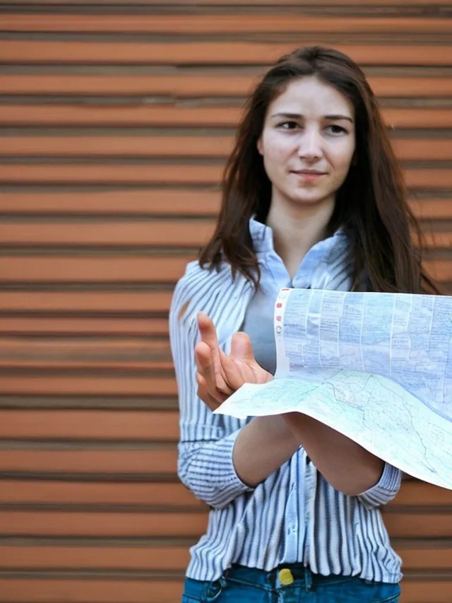 Femme en chemise rayée devant un mur orange, qui tient une carte d'une main.
