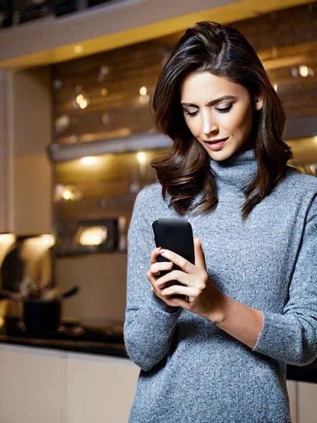 Femme en pull gris qui regarde un téléphone noir dans une cuisine éclairée.