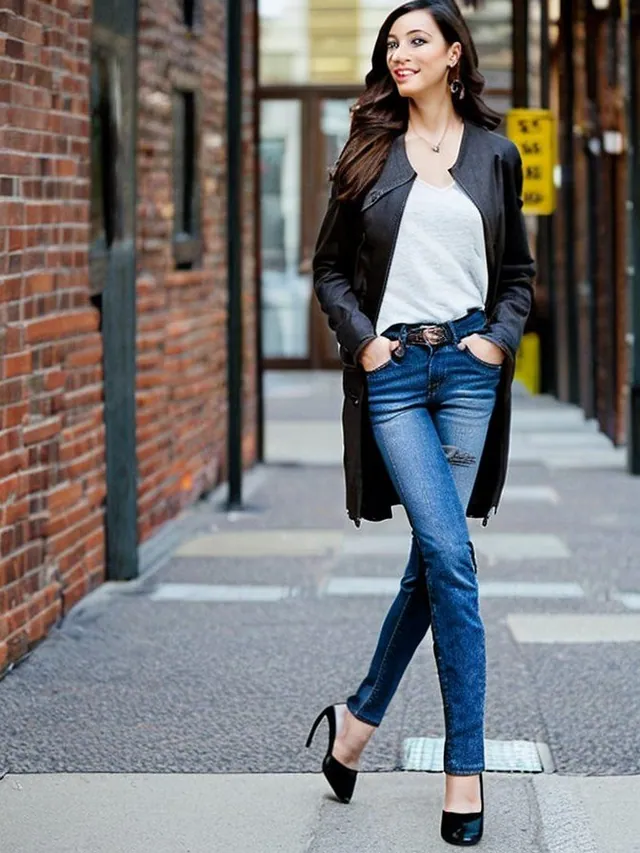 Femme en pied, manteau noir, jean et escarpins, dans une ruelle de briques.