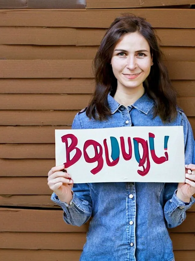 Femme en chemise en jean qui tient une pancarte où on lit « BGUUGLI ».