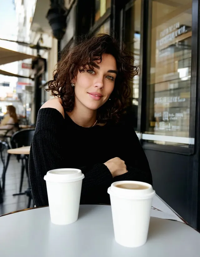 Femme aux cheveux bouclés, pull noir, seule en terrasse, deux gobelets à emporter devant elle.