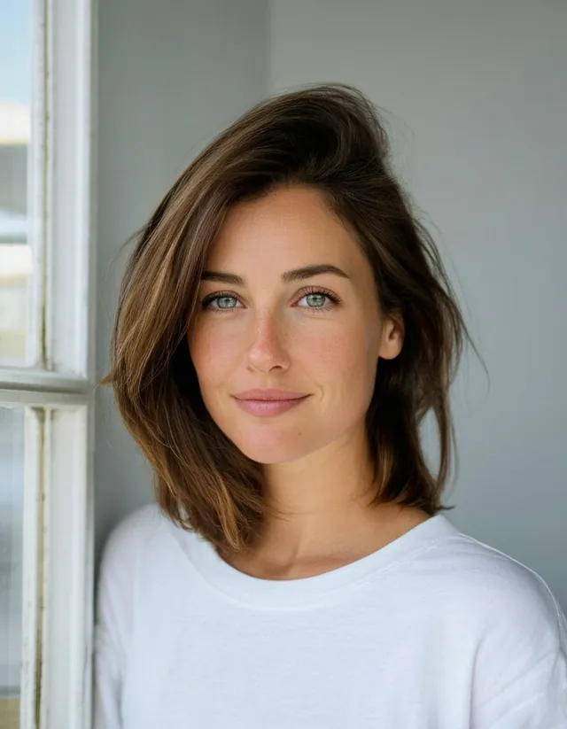 Femme aux cheveux bruns en mouvement, t-shirt blanc, taches de rousseur, près d'une fenêtre.
