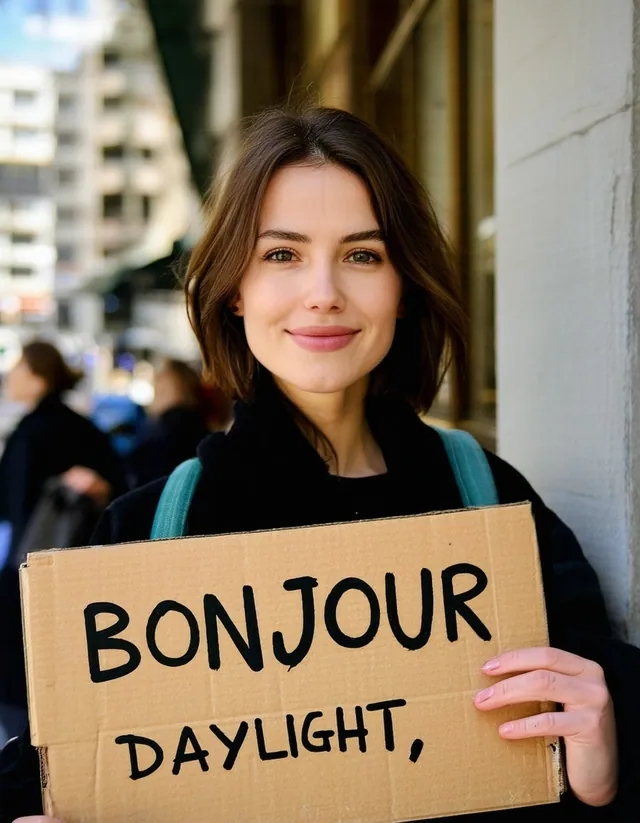Femme au sac à dos qui tient un carton où on lit « BONJOUR » puis « DAYLIGHT, ».