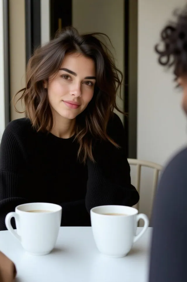 Femme en pull noir à une table blanche avec deux tasses ; au bord droit, une tête bouclée de dos.