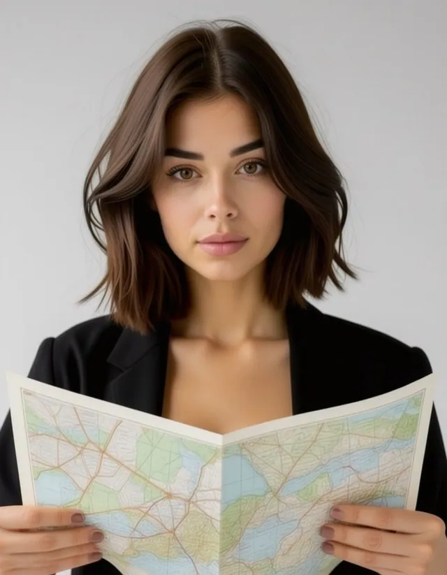 Femme en veste noire qui tient une carte dépliée à deux mains, fond blanc.