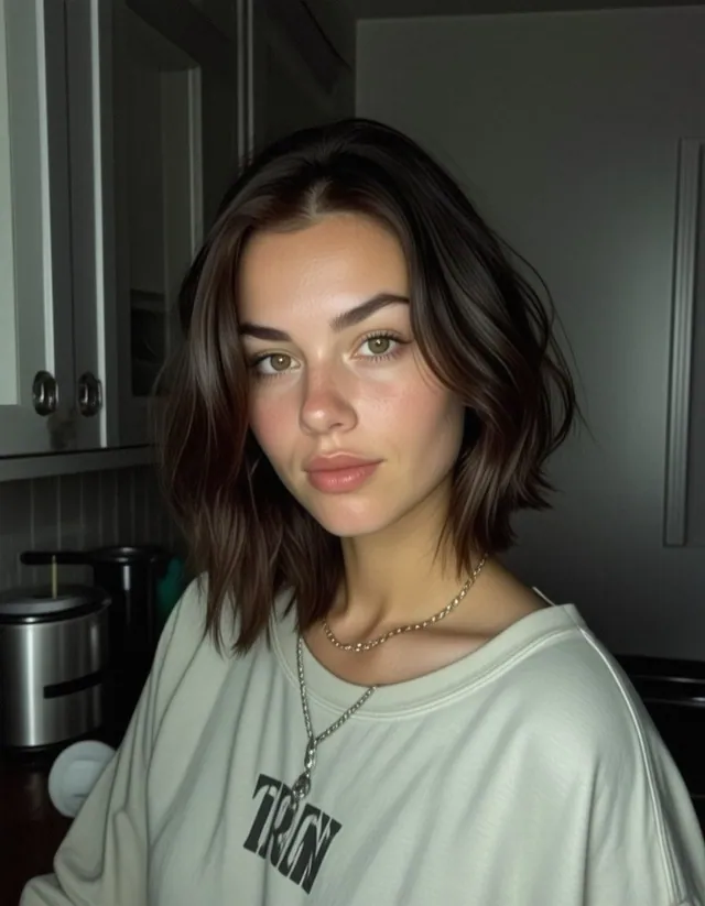 Femme en sweat clair marqué « TRN » dans une cuisine éclairée sans contraste de nuit.