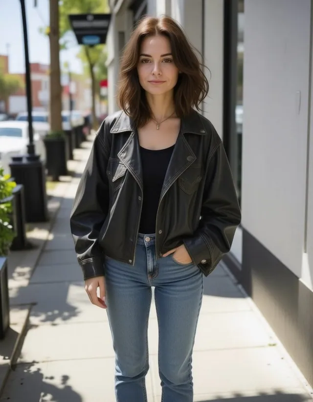 Femme en blouson de cuir noir et jean sur un trottoir ensoleillé.