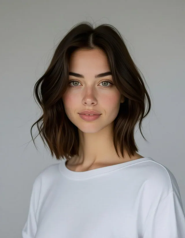 Jeune femme aux cheveux bruns, t-shirt blanc, taches de rousseur, fond gris.