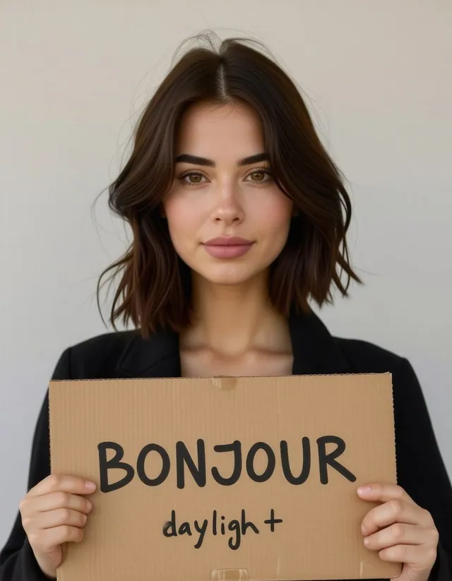 Femme en veste noire qui tient un carton où on lit « BONJOUR » puis, en petit, « daylight ».