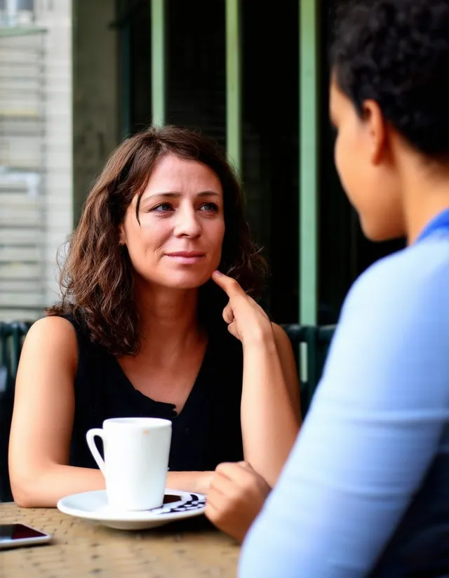 En terrasse, une femme aux cheveux ondulés, une tasse devant elle, écoute une amie aux cheveux courts bouclés vue de dos.