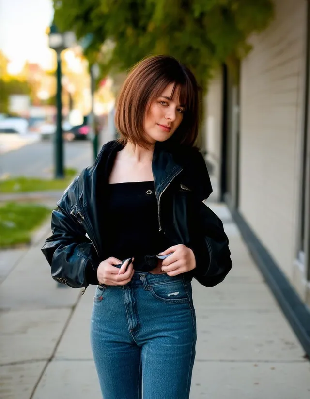 Femme au carré, blouson de cuir noir, haut noir et jean, sur un trottoir arboré, coupée aux cuisses.
