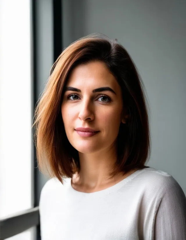 Femme aux cheveux auburn au carré, pull blanc, près d'une fenêtre.