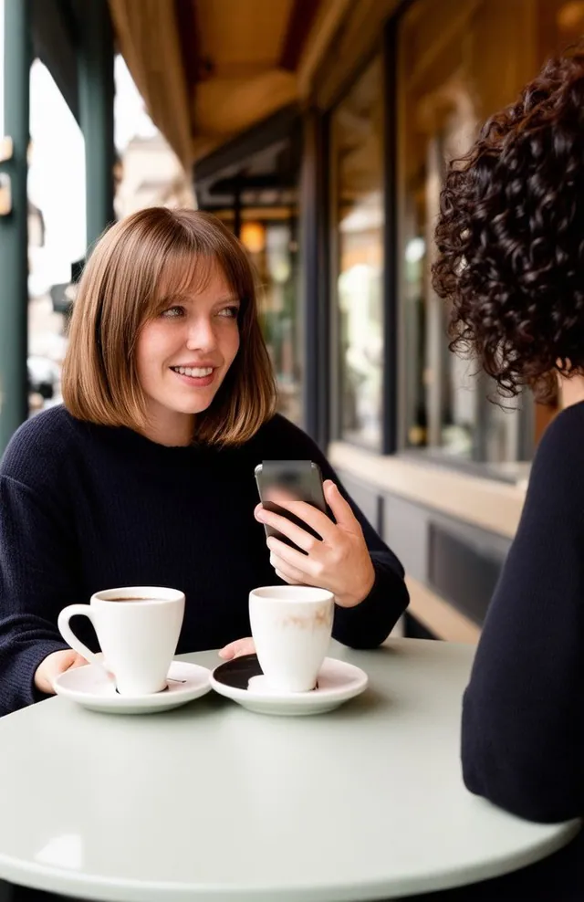 En terrasse, une femme au carré roux sourit, téléphone en main, face à une amie aux cheveux bouclés vue de dos ; deux tasses.