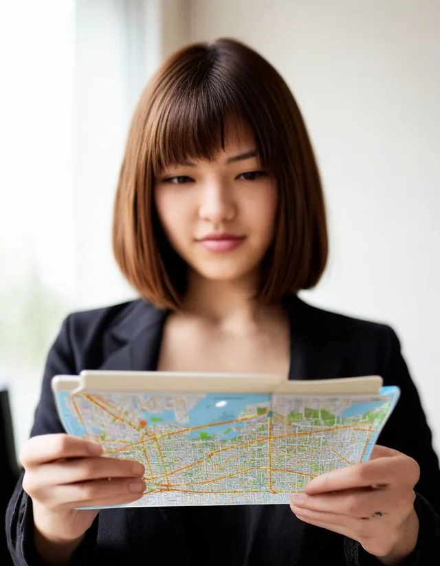 Jeune femme aux traits est-asiatiques, veste noire, qui tient à deux mains un plan de ville.