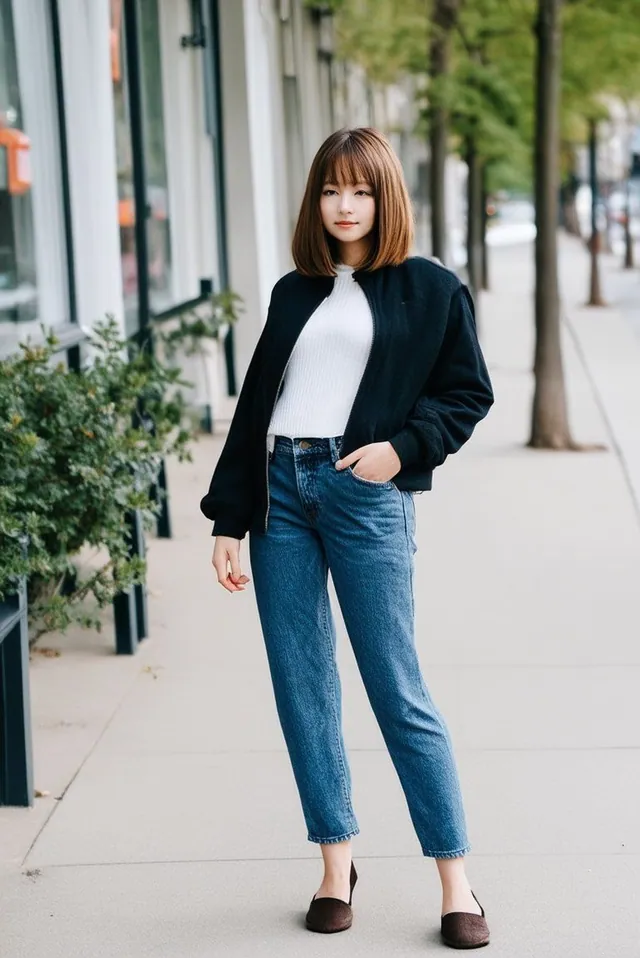 Jeune femme en pied sur un trottoir arboré, blouson noir, pull blanc, jean et ballerines ; traits est-asiatiques.