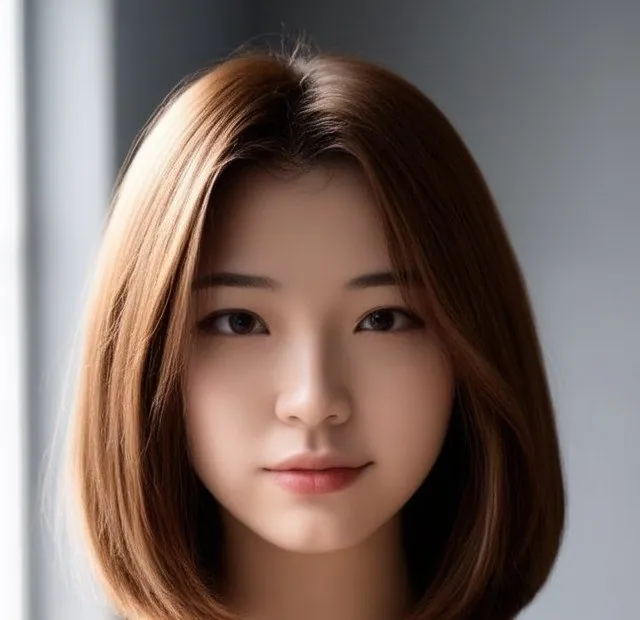 Visage d'une jeune femme aux cheveux auburn coupés au carré, traits est-asiatiques, fond gris.