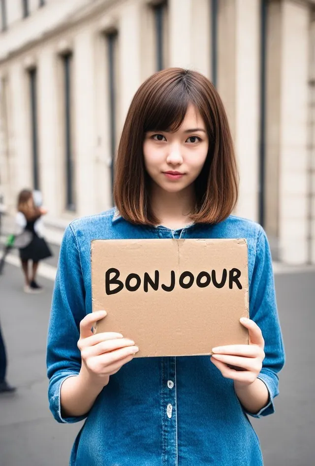 Jeune femme aux traits est-asiatiques, chemise en jean, qui tient un carton où on lit « BONJOOUR ».