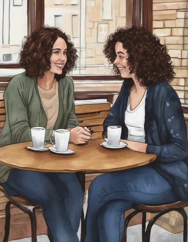 Dessin façon aquarelle : deux femmes aux cheveux bouclés se sourient à une table ronde avec trois tasses.