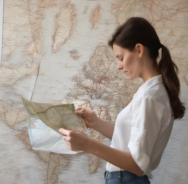 Femme de profil, chemise blanche et jean, qui regarde une carte tenue en main devant une grande carte murale.